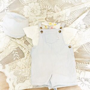 Tommy Bahama Light Blue Pinstripe Shortalls with Cap and Peter Rabbit Jumpsuit